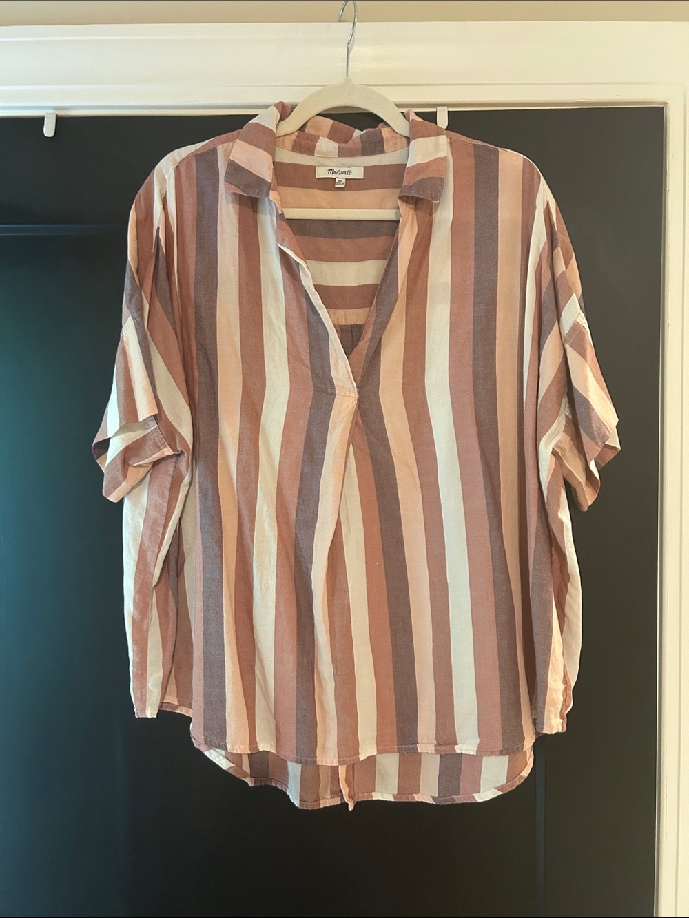 Madewell Striped Popover Tunic Top in Pink, Cream & Brown